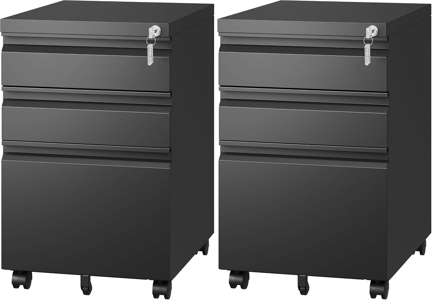 Pair of black three-drawer metal file cabinets on wheels with keys in the top-lock, angled slightly to show drawer fronts.