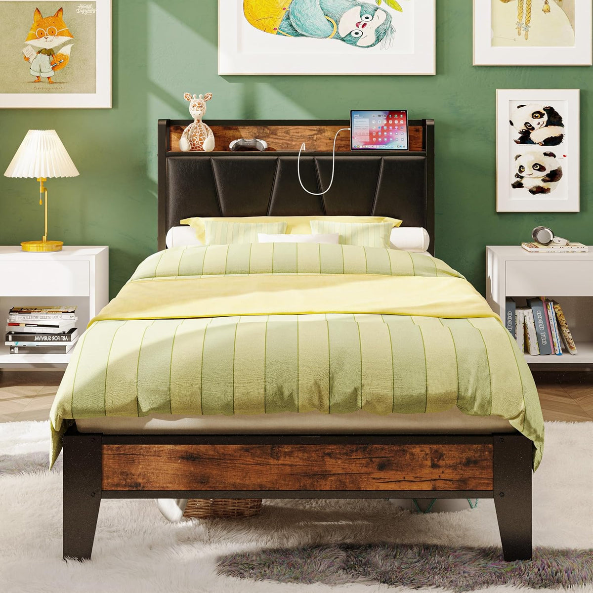 Front view of a bed with lime-green bedding, black padded headboard and dark metal frame with reclaimed wood panel.