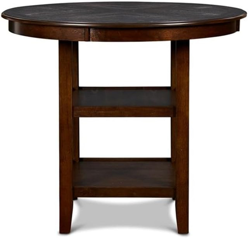 Front view of the round wood table highlighting the two lower shelves and tapered legs in a brown finish