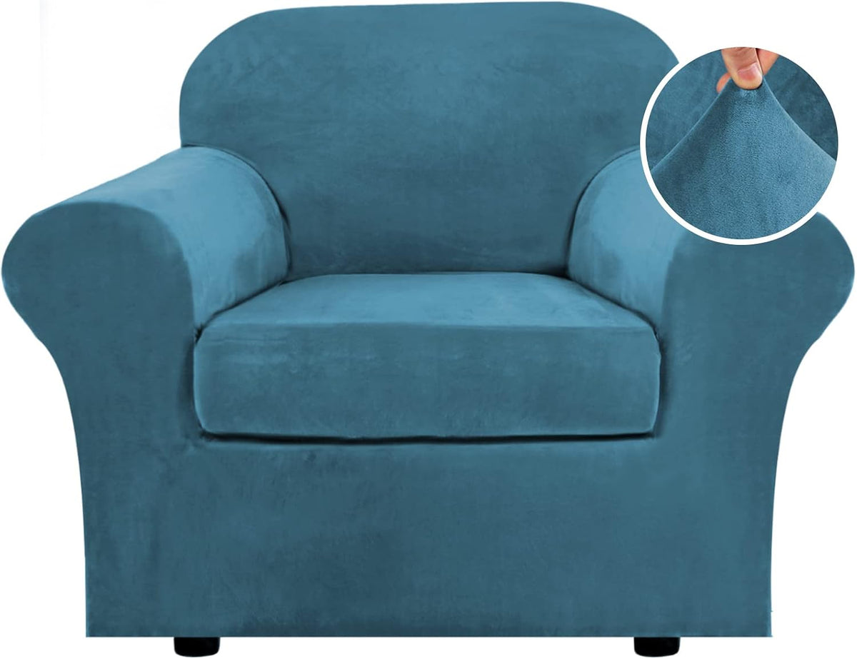 Front view of a single-seat armchair covered in bright teal velvet slipcover with a small inset showing the fabric pulled