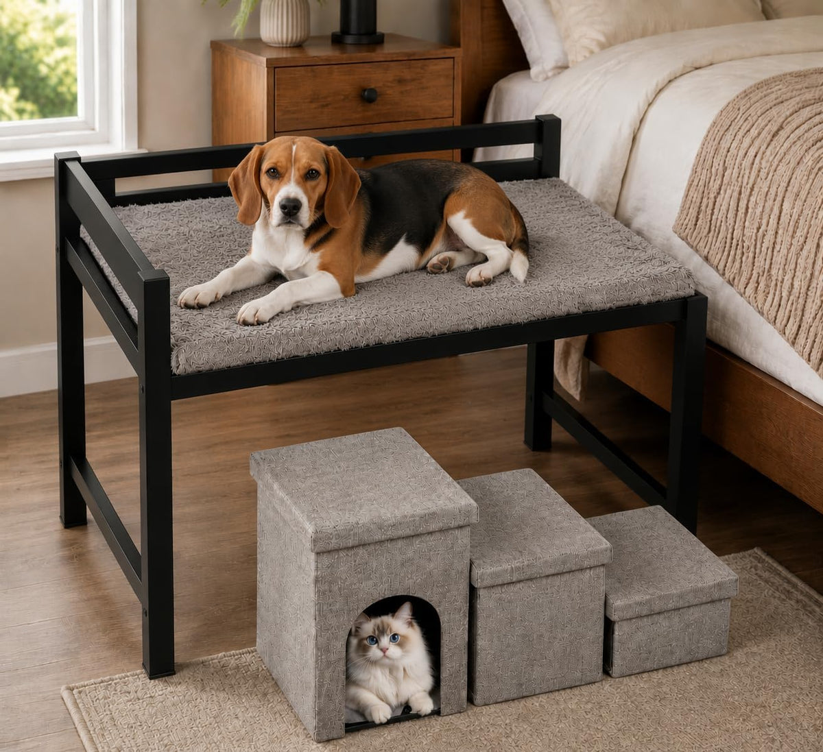 Beagle lying on a black wooden elevated pet bed with matching gray mattress; three-step gray stairs and a cubby hide a white