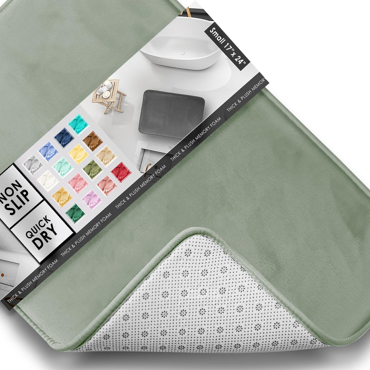 Diagonal close-up of a sage-green mat with its corner lifted to show the dotted non-slip underside and part of the packaged