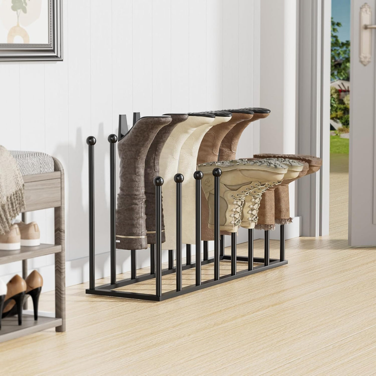 Black boot rack holding several tall boots, placed on a light wood floor near an open doorway and small bench.