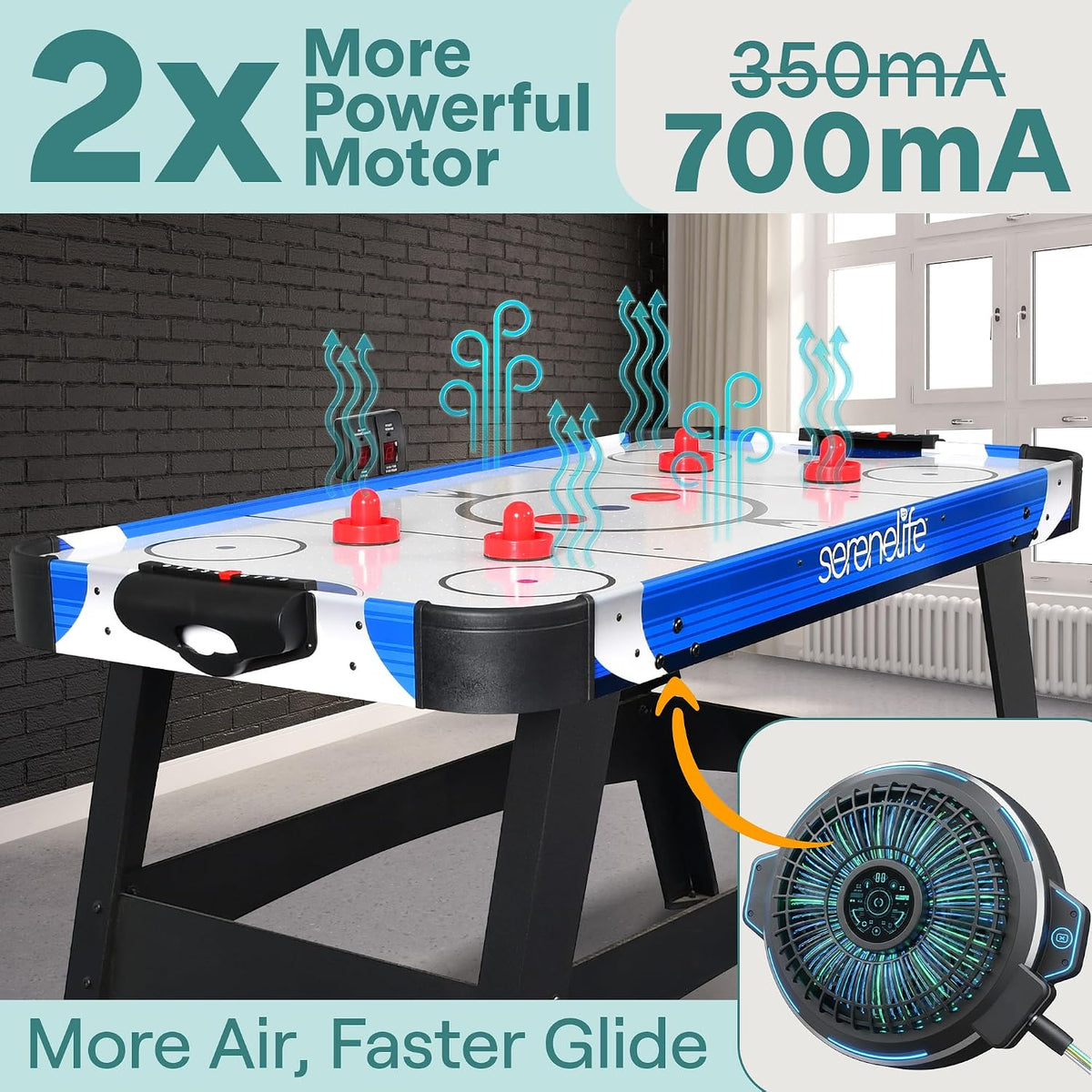 Angled side view showing blower airflow illustration and a close-up of the round 700mA blower unit inset