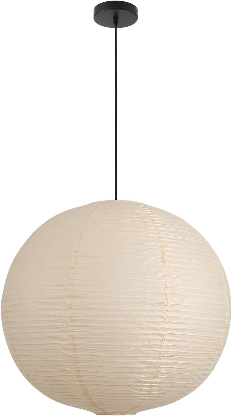 Off-white paper globe pendant shown with a black ceiling canopy and black cord