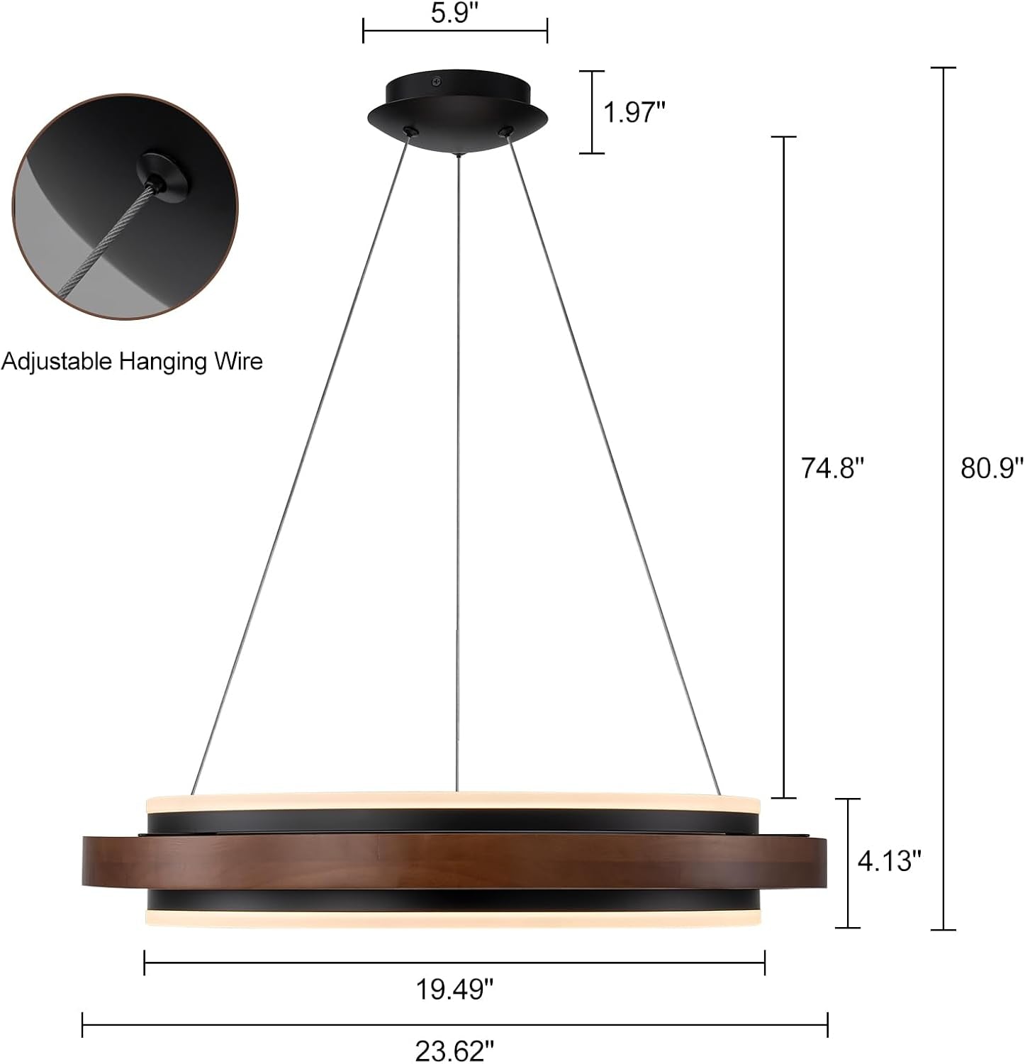 Technical diagram of the chandelier showing ceiling canopy, adjustable hanging wires, and dimensional measurements