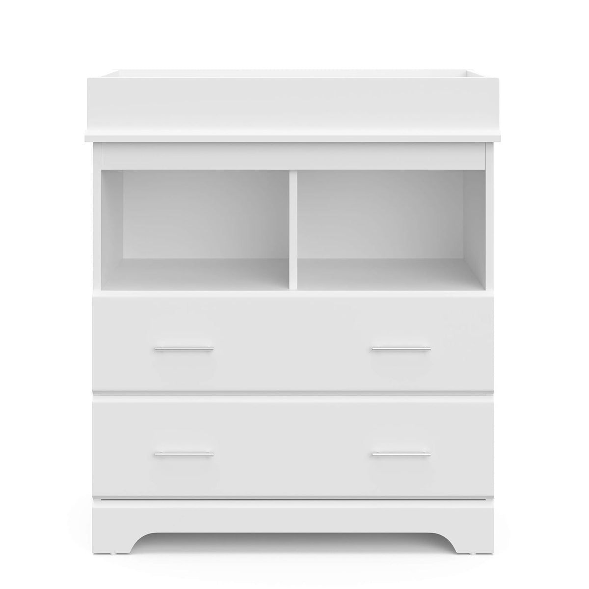 Straight-on crop of the chest highlighting the two squared cubbies and two aligned drawer fronts with slim pulls.