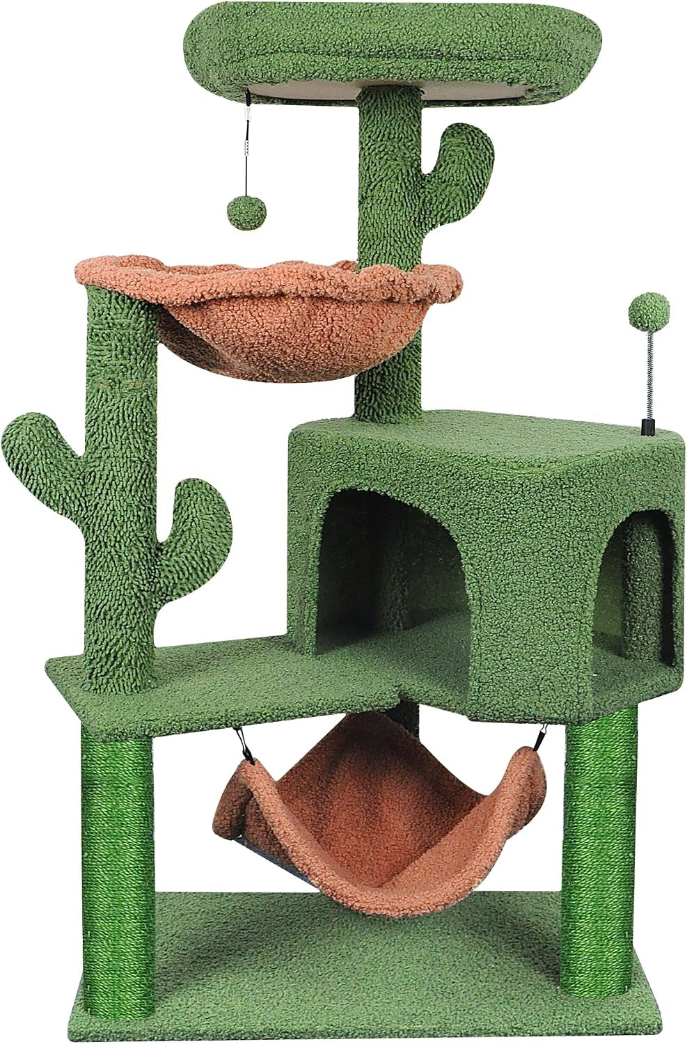 Green cactus-themed cat tree with brown hammock and two-level condo in matching green pile.