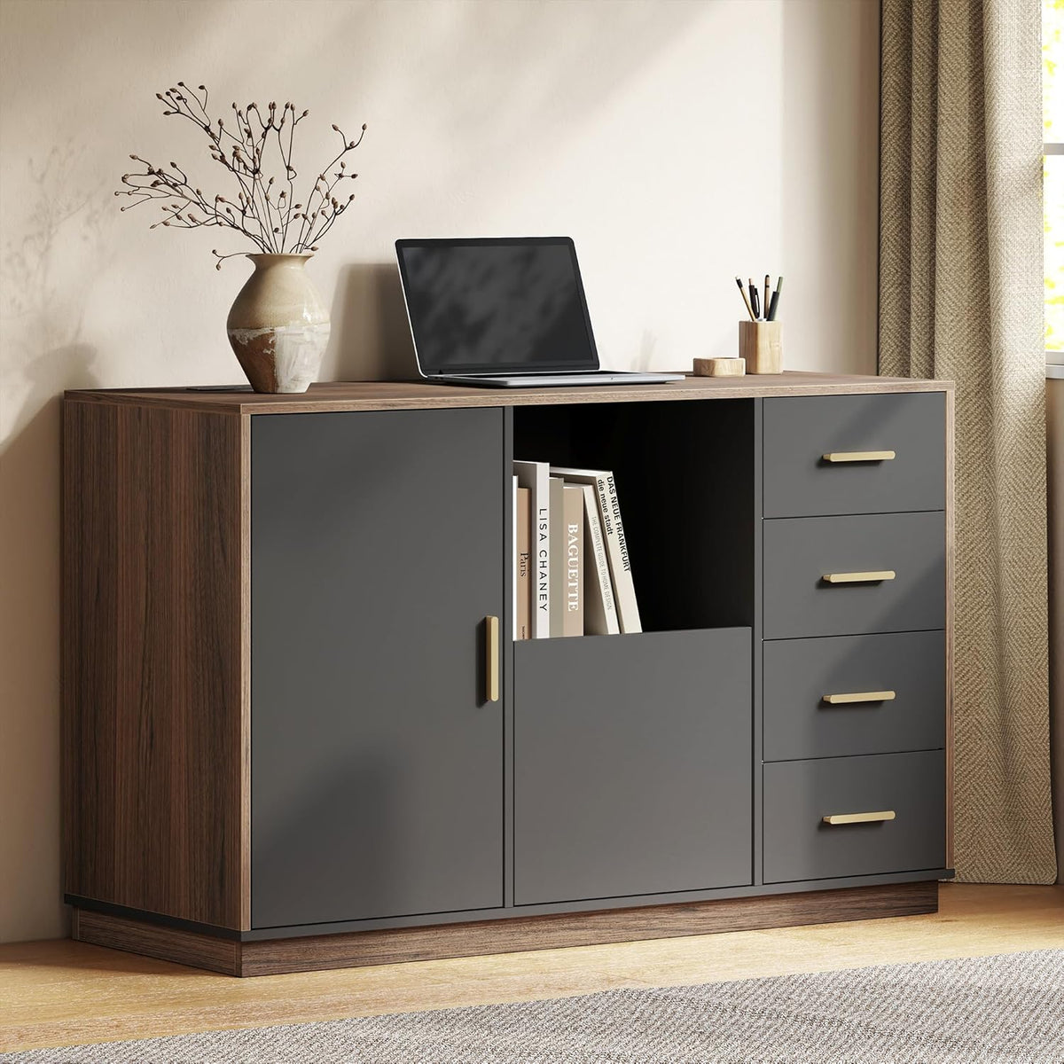 Dark gray five-drawer file cabinet with wood-tone top and open middle compartment, angled front view in a room
