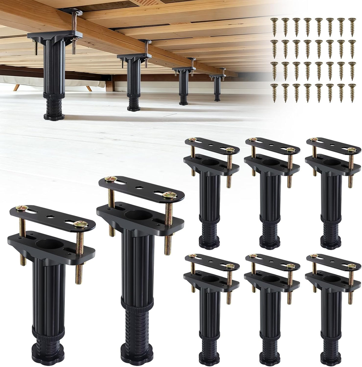 Multiple black adjustable bed legs shown upright with mounting plates and a grid of screws on a white background