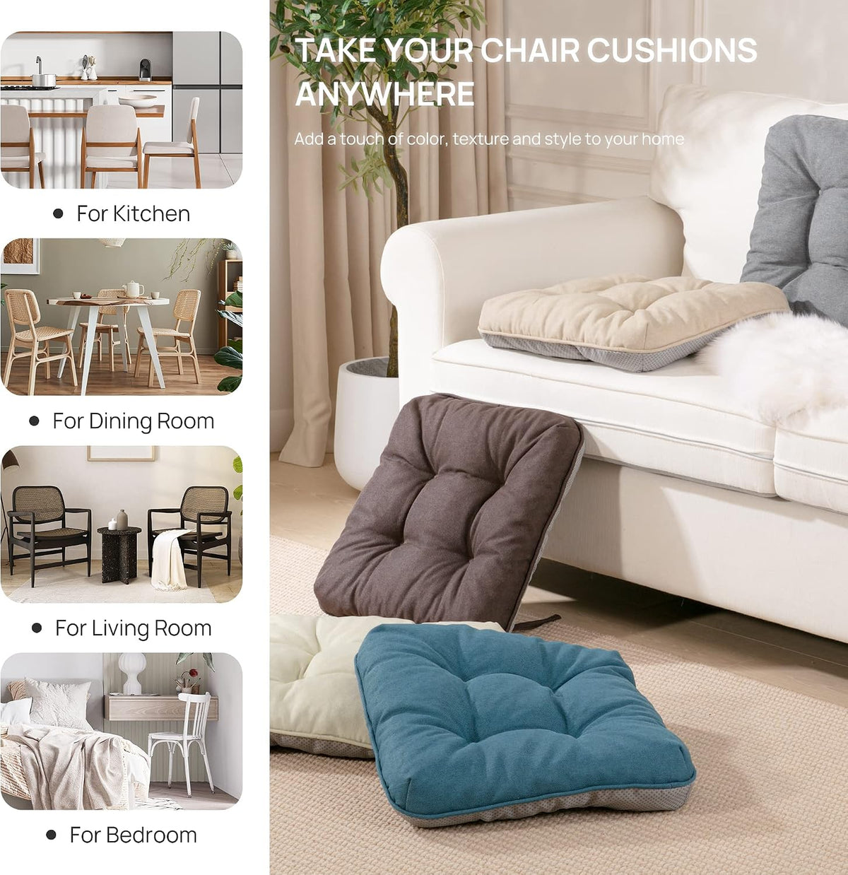 Living room scene with several tufted chair cushions in different colors on sofa and floor