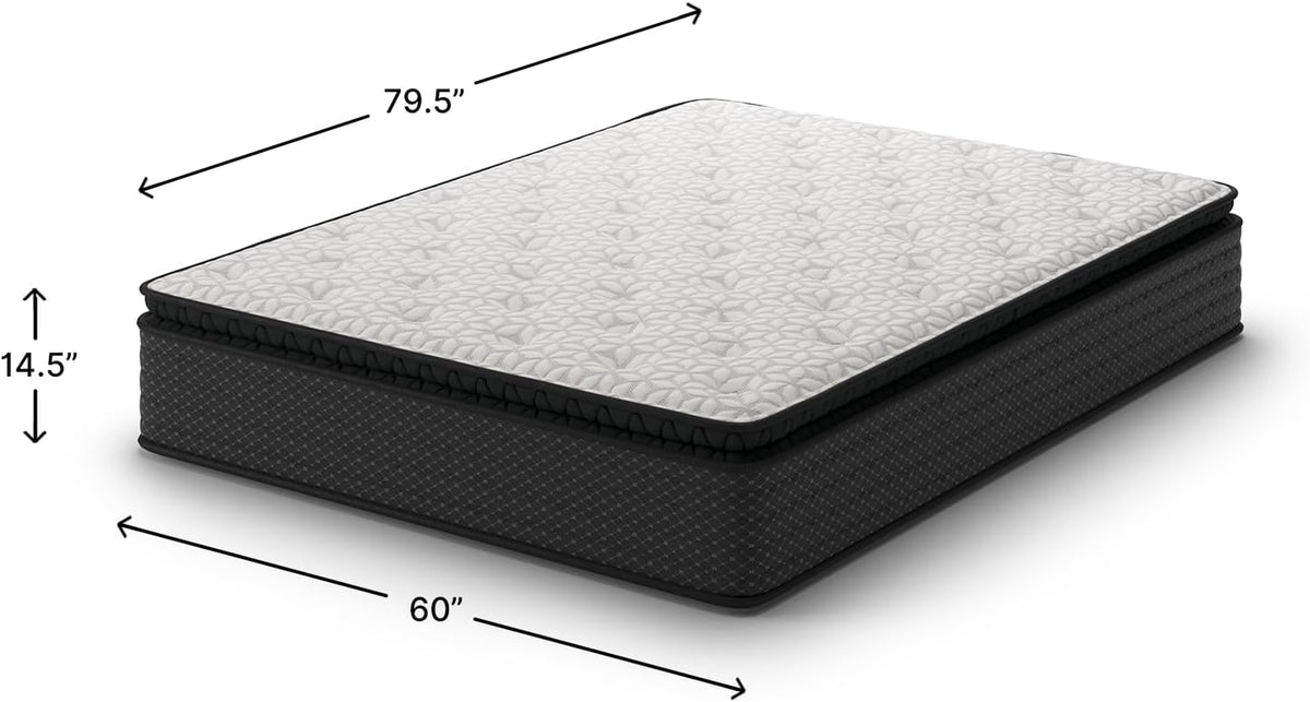 Angled product diagram of the mattress showing arrows that indicate the mattress width, depth, and height dimensions