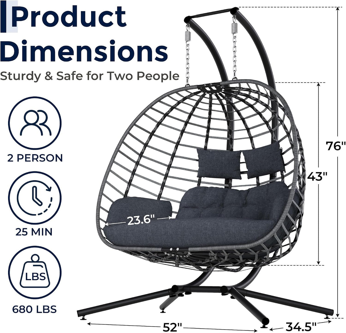 Double egg hanging chair with chain suspension and graphic overlay showing product dimensions and icons