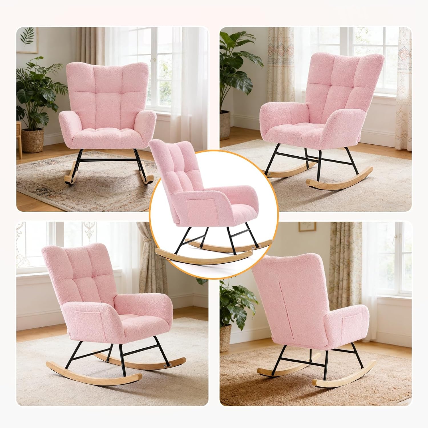 Collage of five views showing a pink upholstered rocking glider from front, side and back angles.
