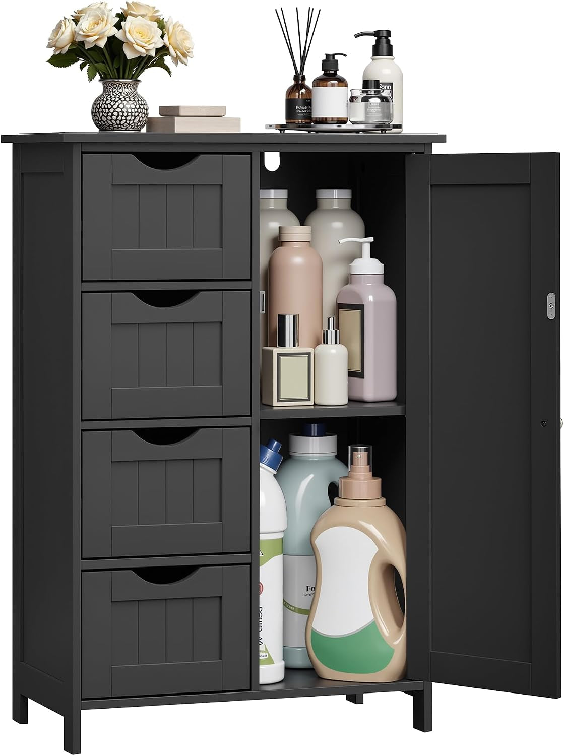 Dark charcoal cabinet with four stacked drawers and the right door open revealing stacked bottles on two shelves