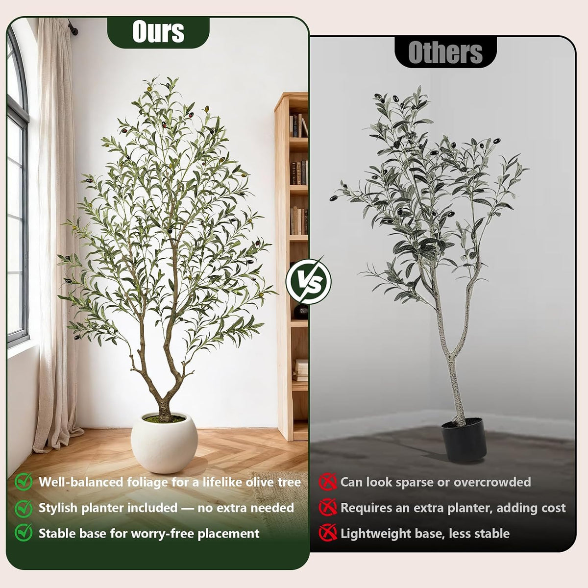 Side-by-side comparison graphic showing the full artificial olive tree in a white round planter versus a sparser alternative