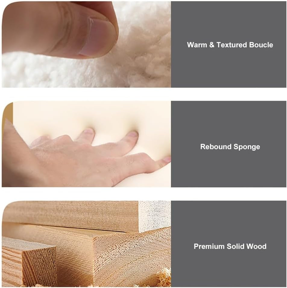 Three stacked close-ups showing textured cream bouclé fabric, a hand pressing foam, and stacked solid wood pieces.