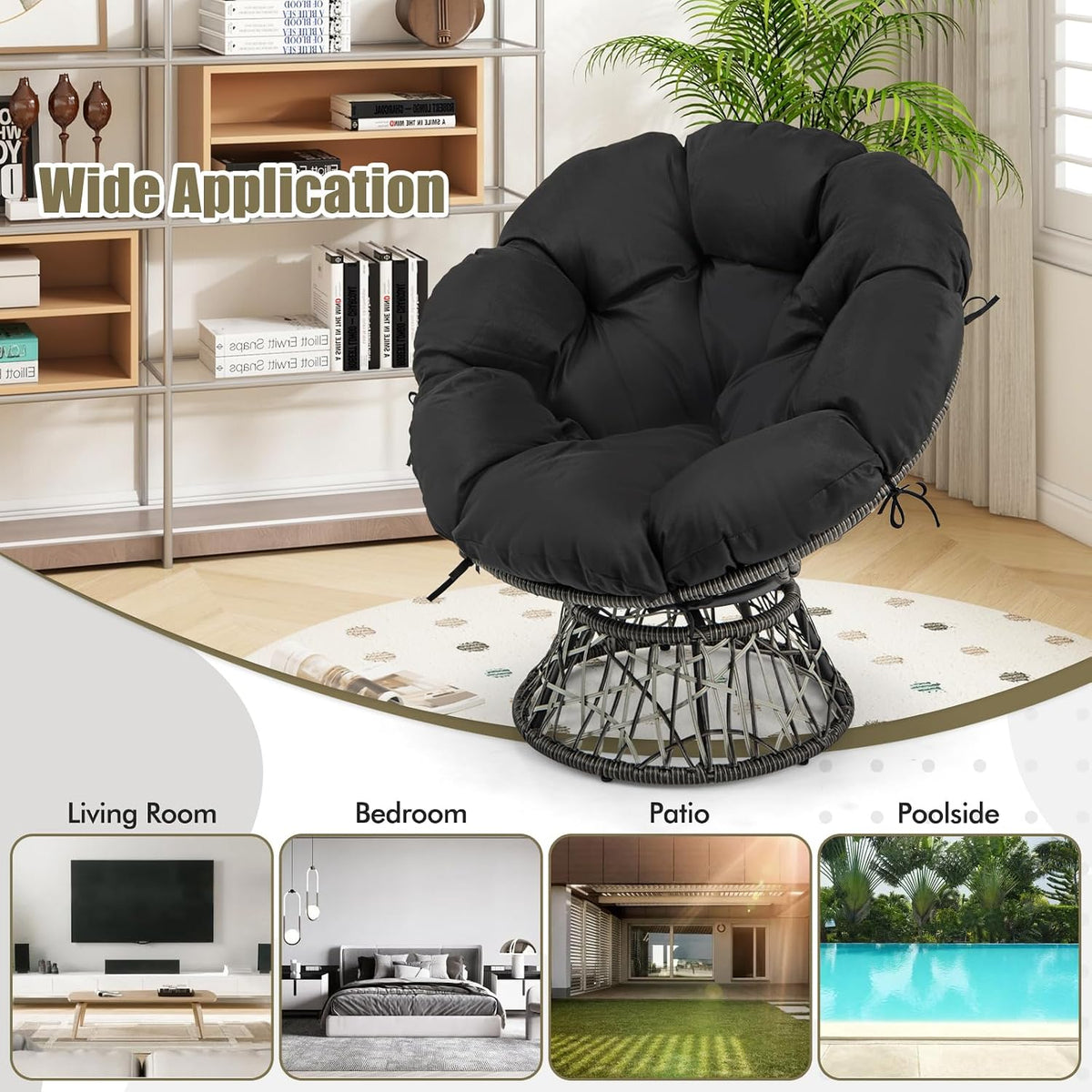 Black-cushioned papasan chair placed on a rug in a bright living area with shelving and plant.