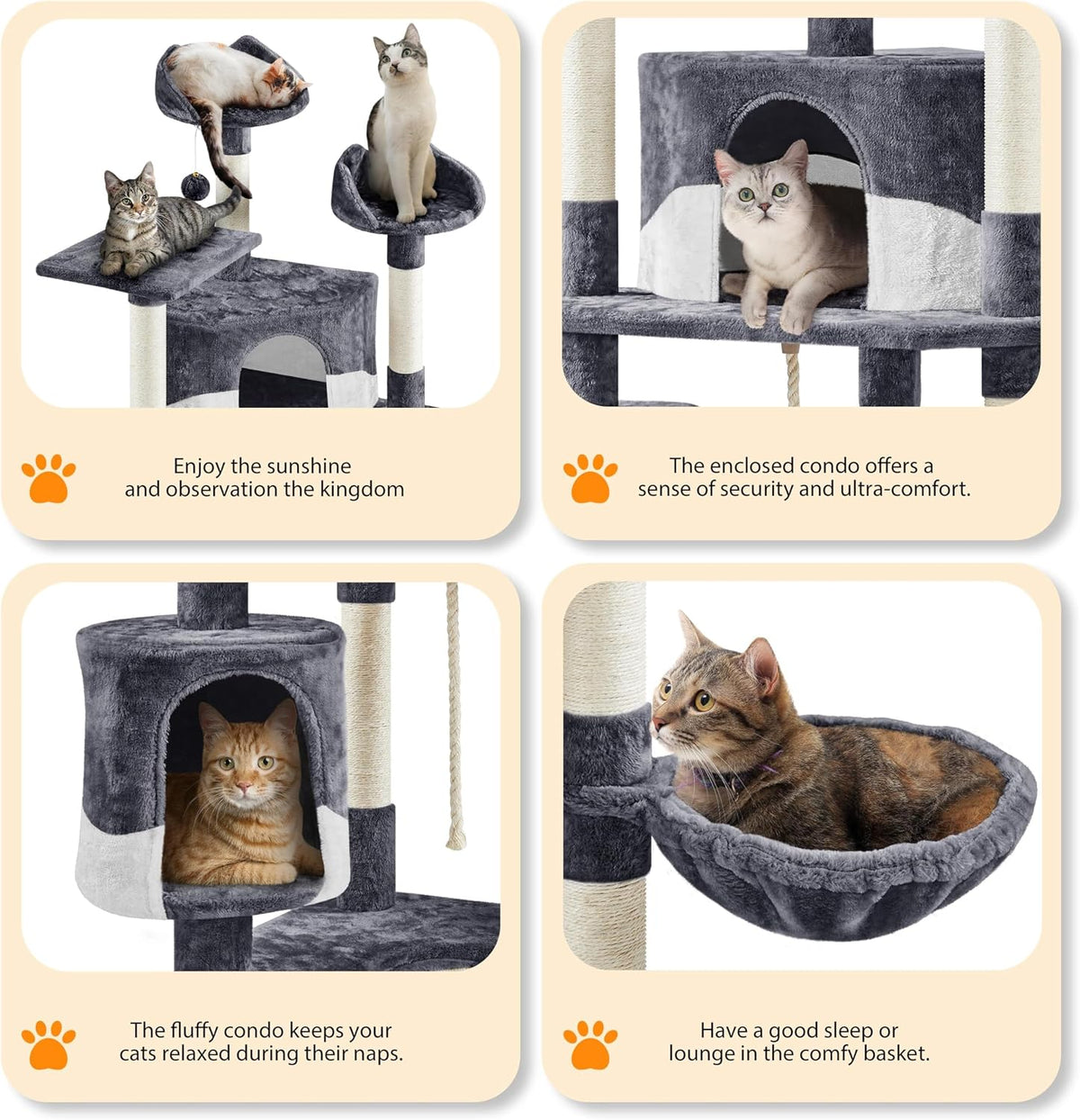 Collage of details showing condo interiors, hammock basket and plush surface closeups