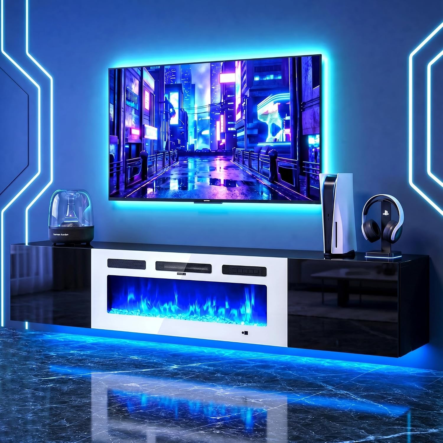 Wall-mounted TV over a black floating console featuring a white-framed electric fireplace and blue underlighting.