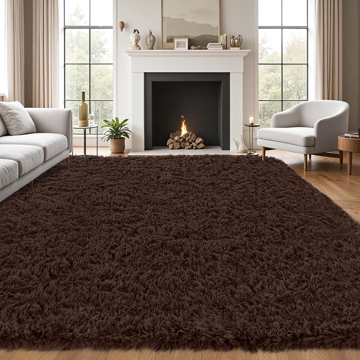 Living room scene with a deep chocolate-brown shag rug laid out in front of a fireplace and seating.