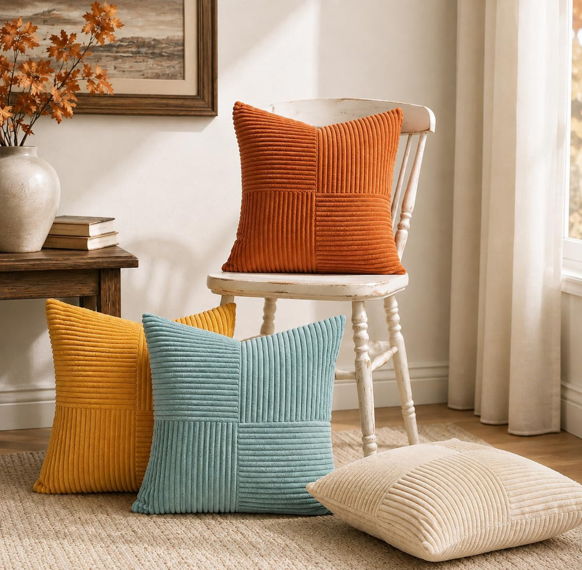 Rust pillow displayed on a distressed white chair with teal, mustard and cream pillows on the floor nearby.