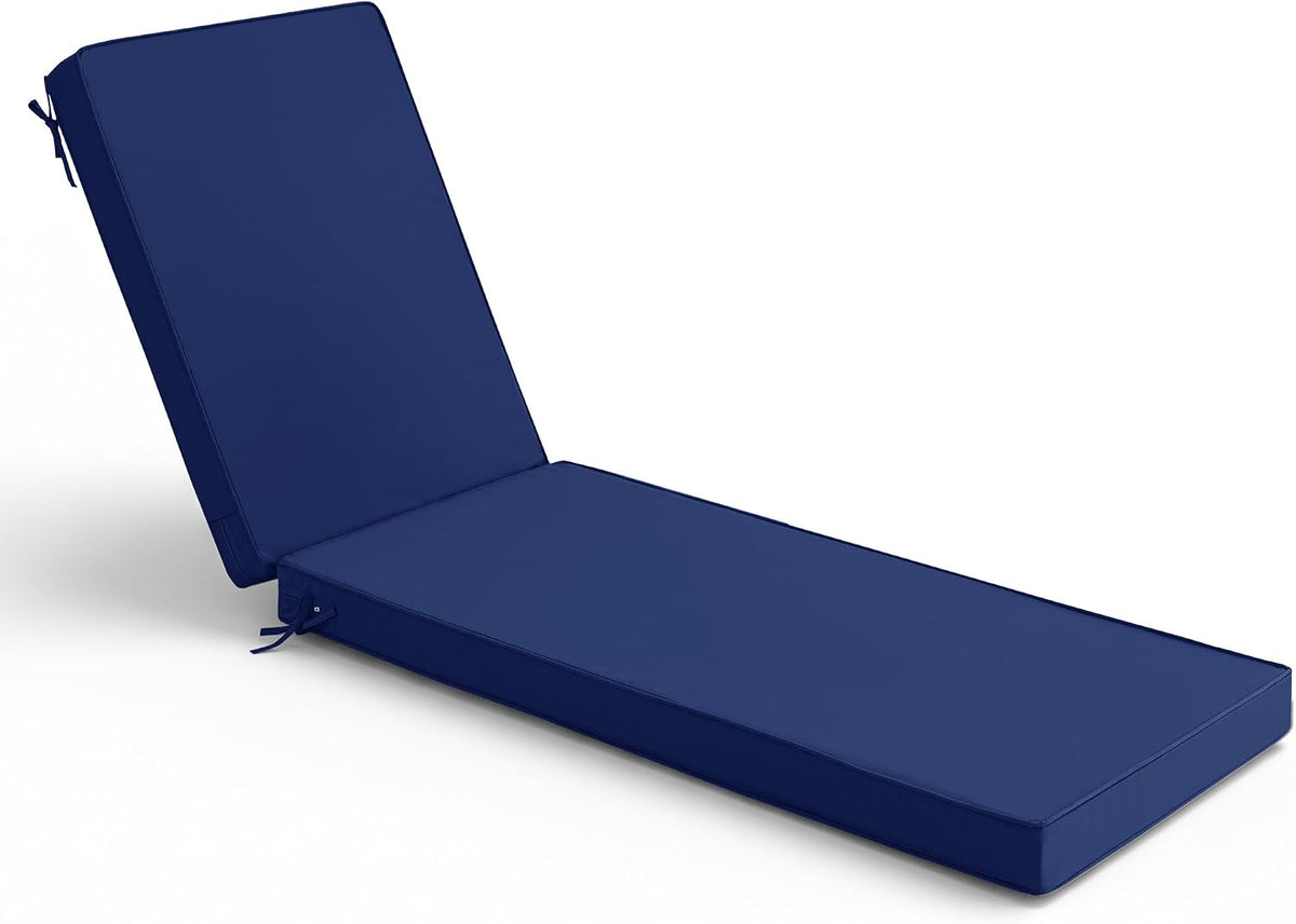Single navy blue chaise lounge cushion shown angled with back section upright and ties at the side.