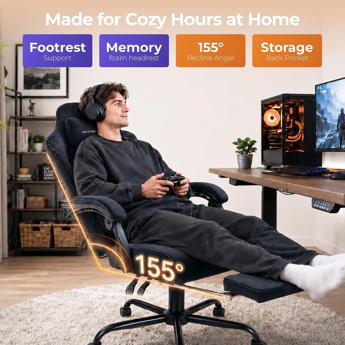 Lifestyle view of person reclining in the chair with integrated footrest extended at full recline
