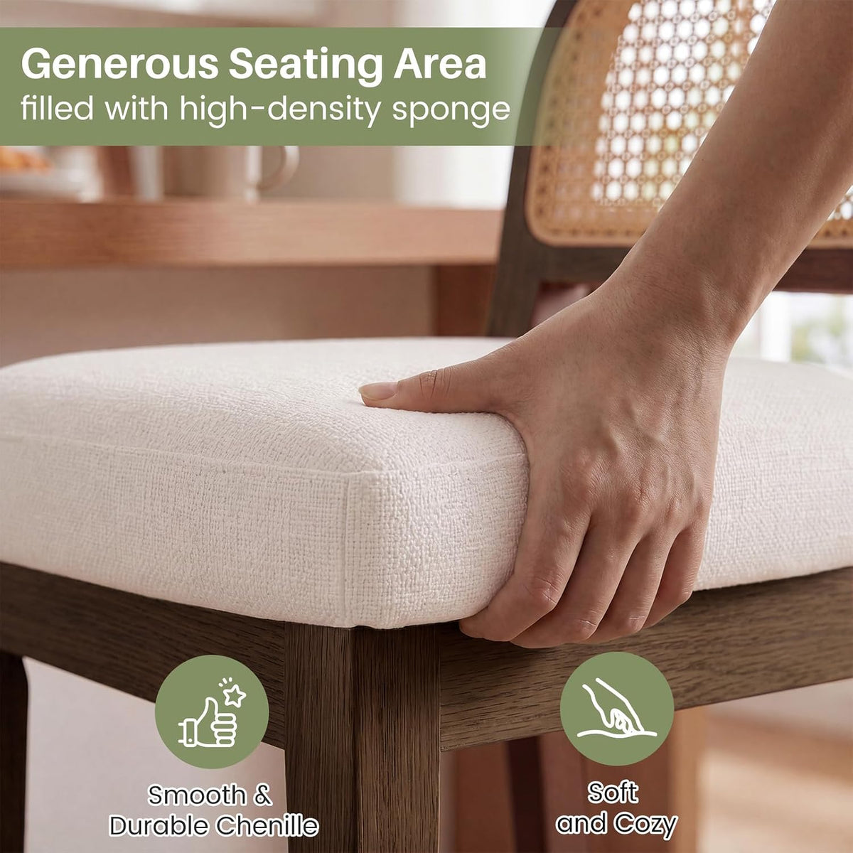 Close-up of a white chenille padded seat on a solid wood frame being pressed by a hand