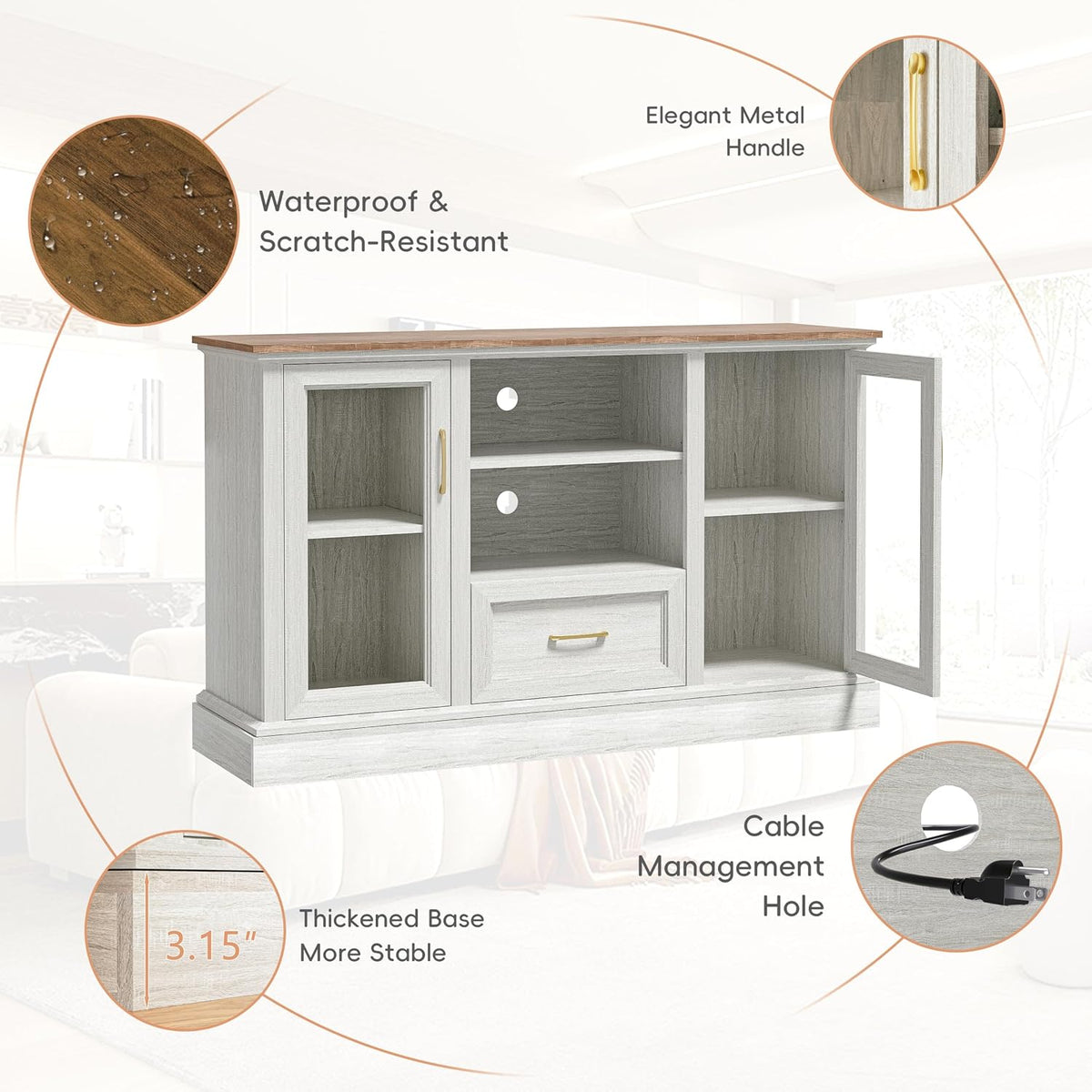 Feature collage showing gold-finish handles, cable-management hole and thickened base on the rustic white TV stand