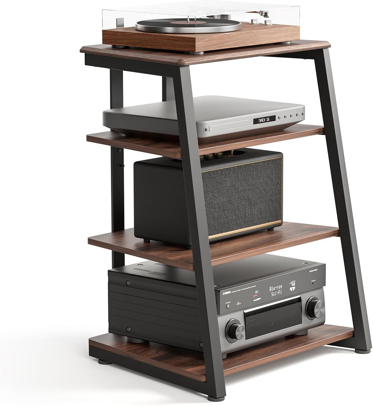 Walnut-finish 4-tier media stand angled front view with audio components on shelves