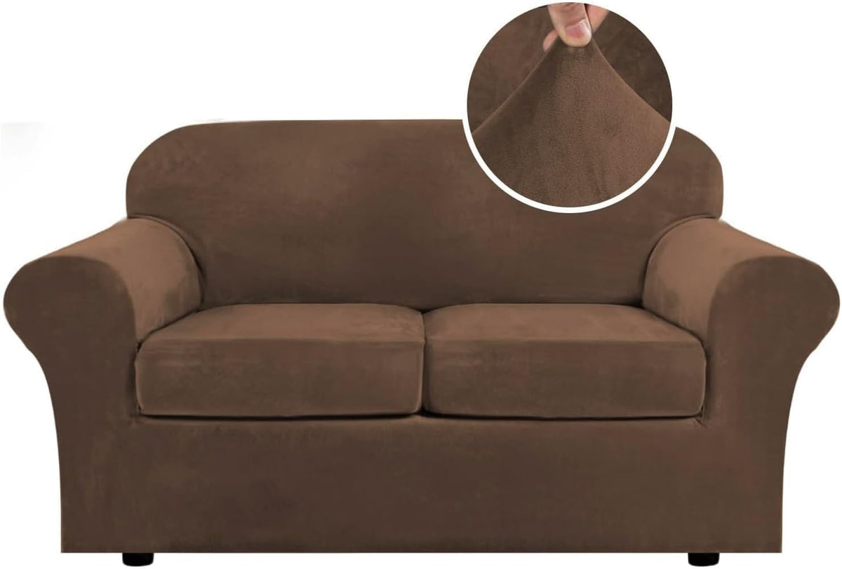 Front-facing two-seat loveseat in warm chocolate brown showing compact seat cushions and a round inset of stretched fabric.