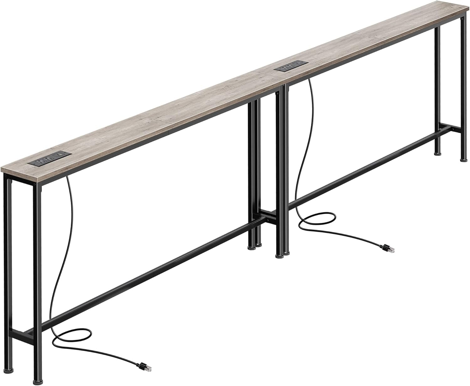 Angled view of narrow console with light gray wood top and black frame, showing cords trailing from top outlets
