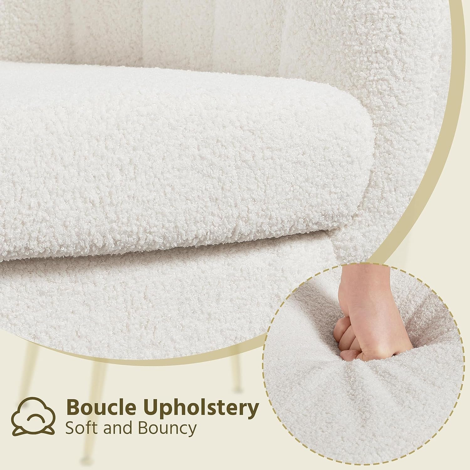 Close-up of ivory bouclé upholstery and thick removable seat cushion texture