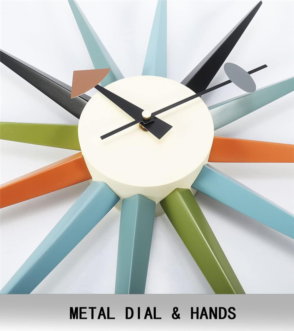 Top-down close view of the cream metal dial and black hands with colored wooden starburst spokes