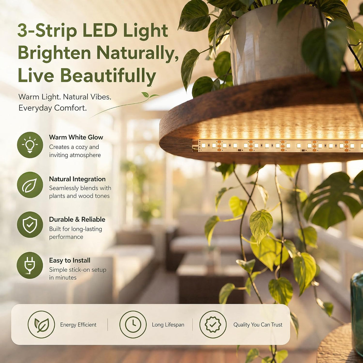Close-up of warm LED strip mounted under a round wood-tone shelf with blurred living room background