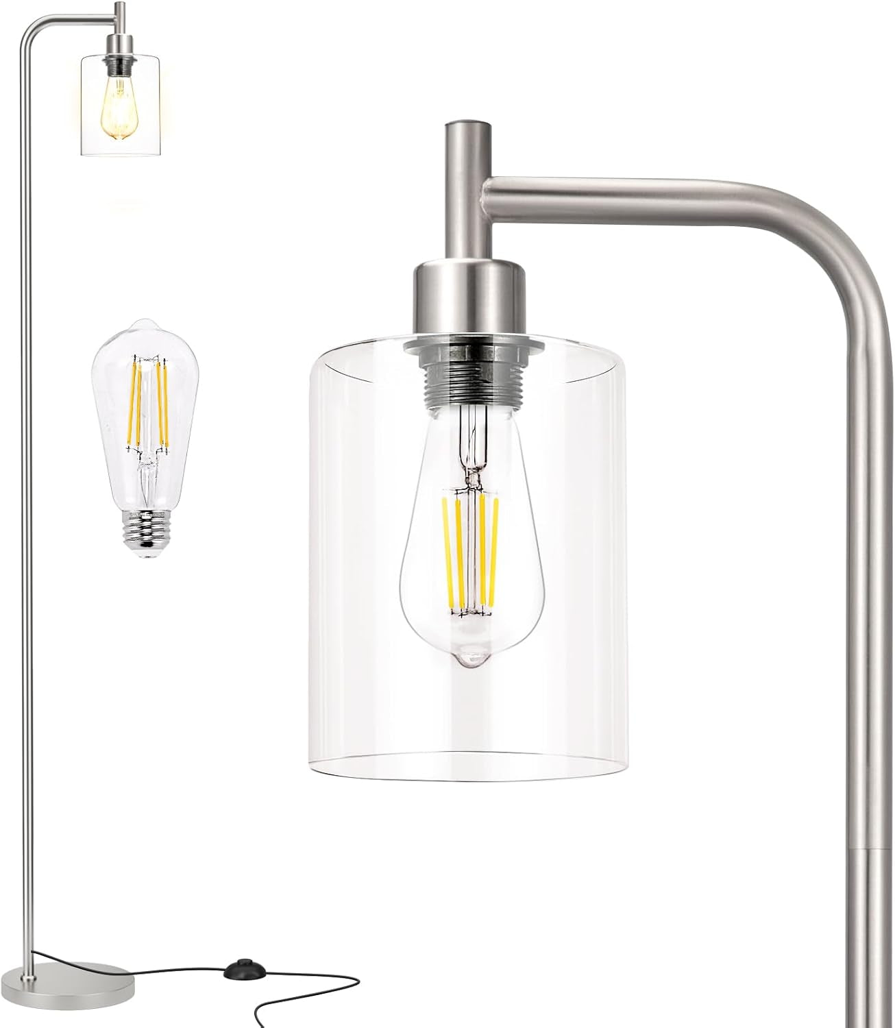 Close-up of a brushed nickel floor lamp arm with a clear cylindrical glass shade and visible filament bulb.