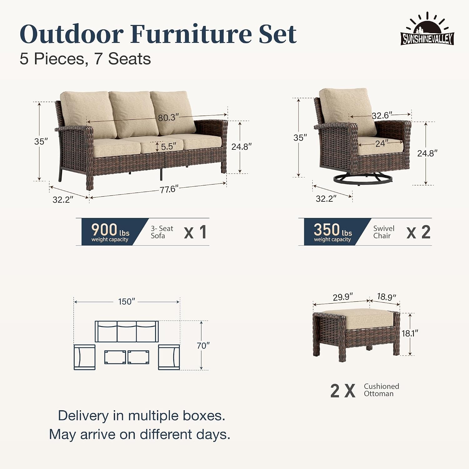Graphic layout of the 5-piece set showing one three-seat sofa, two swivel chairs and two ottomans with footprint diagram.