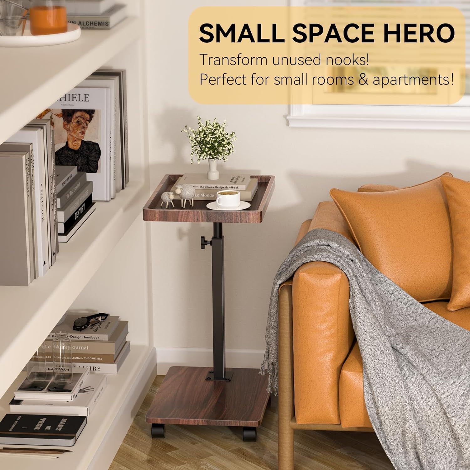 Walnut brown C table placed between shelving and sofa in a small living space