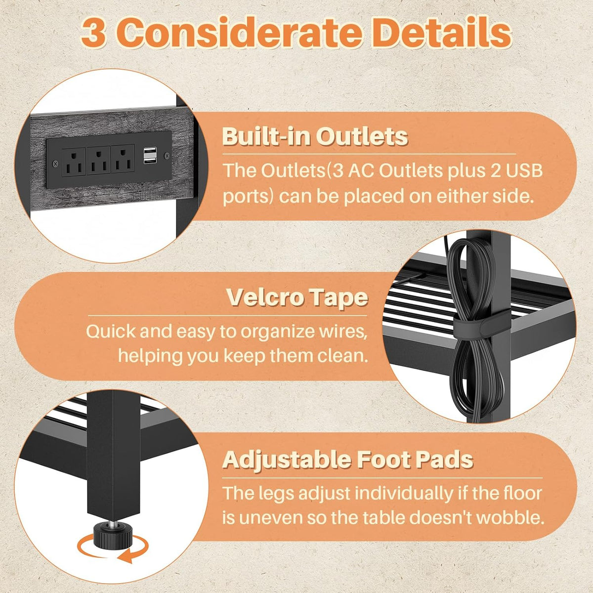 Close-up feature panel showing built-in AC and USB outlets, velcro cord wrap and an adjustable foot pad on the table