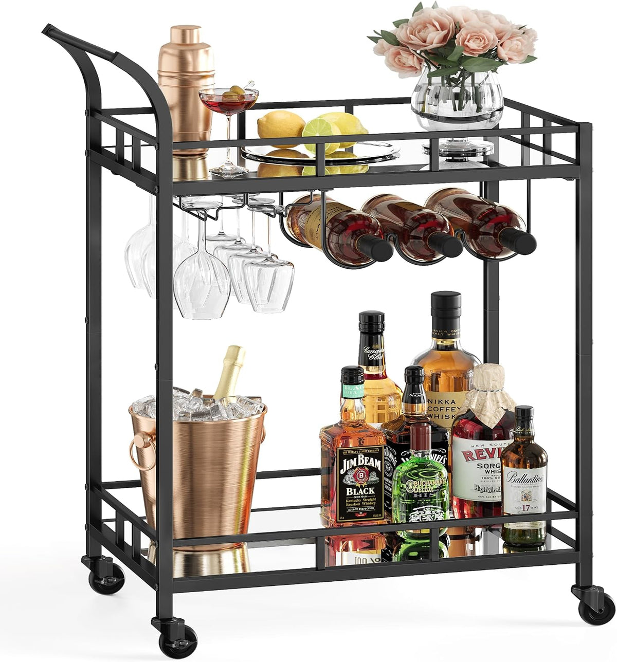 Three-quarter side view of the black bar cart showing the curved handle, stemware hangers, wine holders and stocked lower