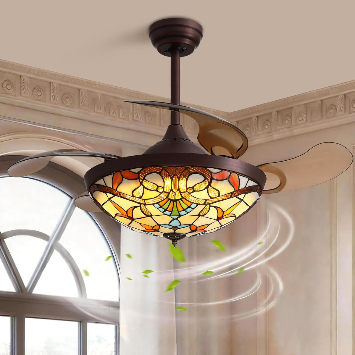 Close-up angled view of stained-glass lampshade and retractable acrylic blades in a brown finish