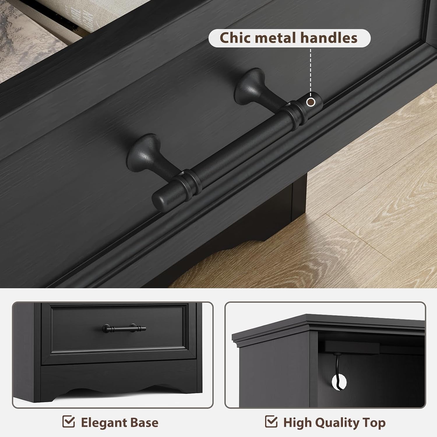 Close-up of black metal drawer handle and scalloped base detail on nightstand
