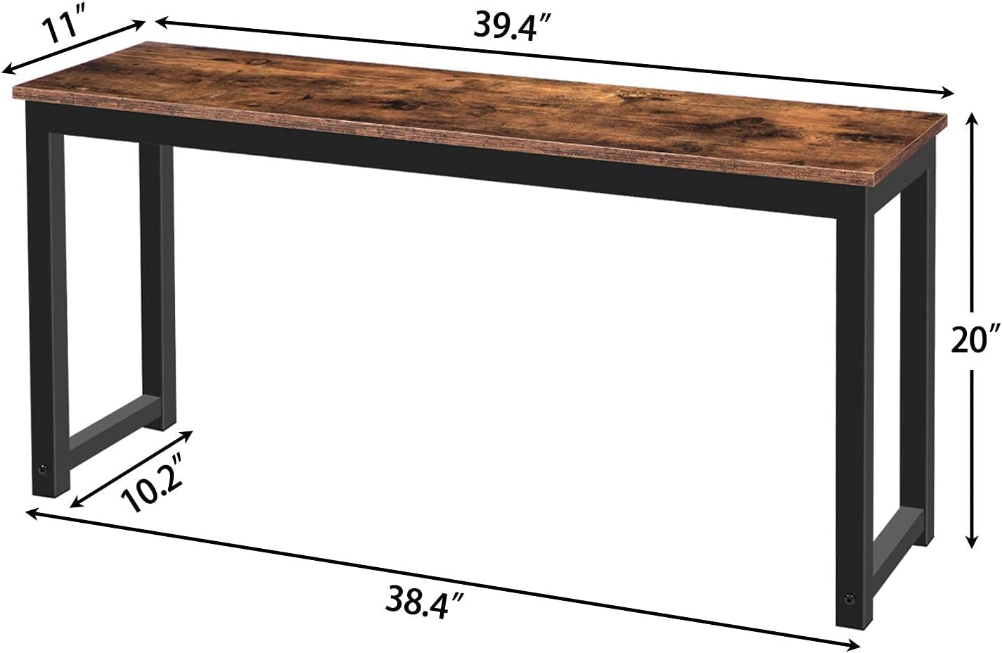Single bench product diagram with printed dimensions showing 39.4" length, 11" width and 20" height