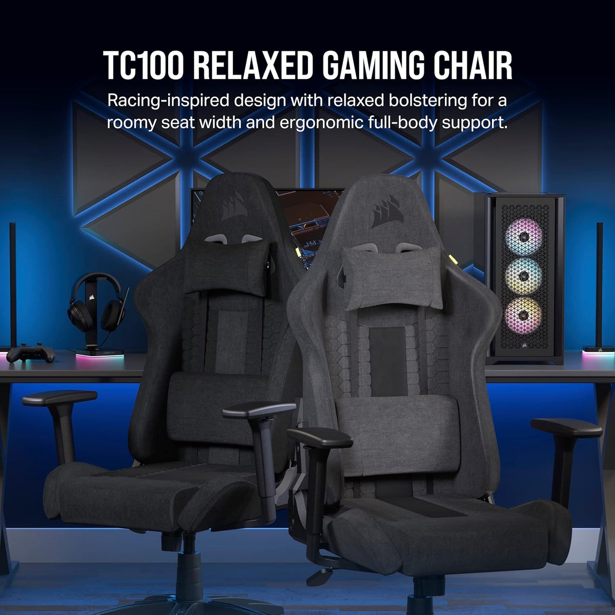 Two relaxed fabric gaming chairs shown front-facing in a blue-lit gaming room.