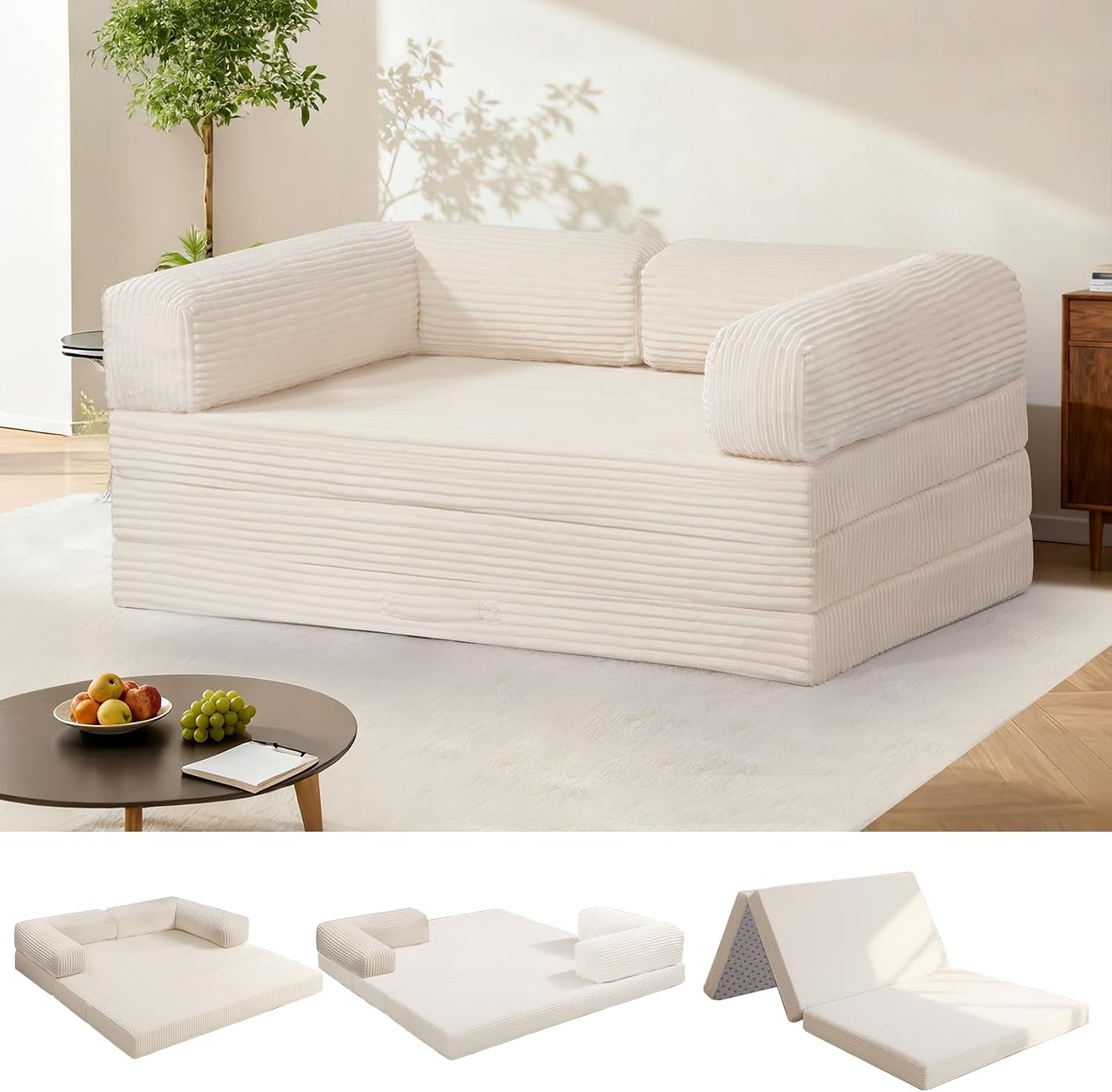 Cream-colored tri-fold mattress configured as a sofa with matching removable armrests in a bright room.