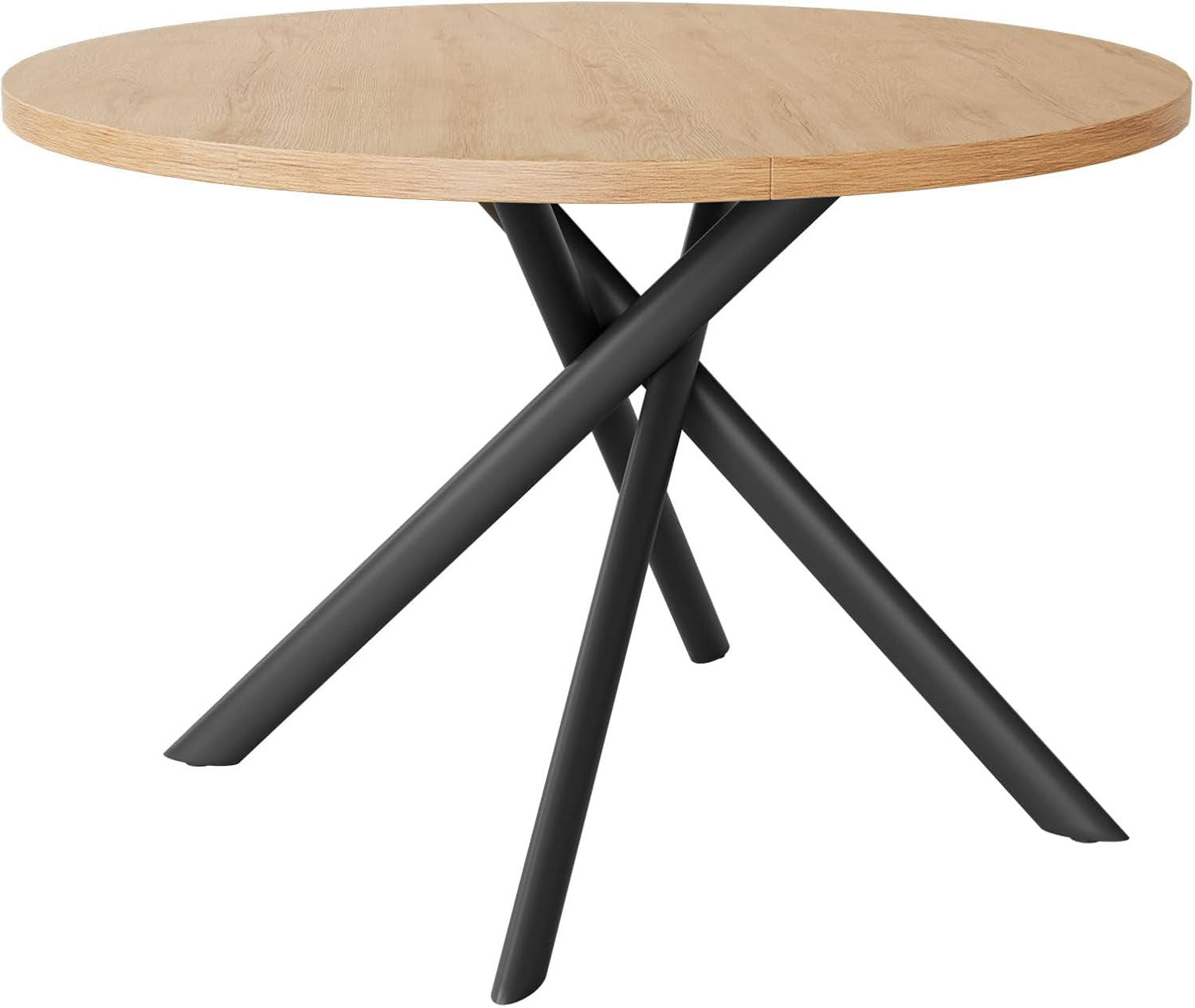 Close side view of a round light-wood tabletop with intersecting black metal legs.