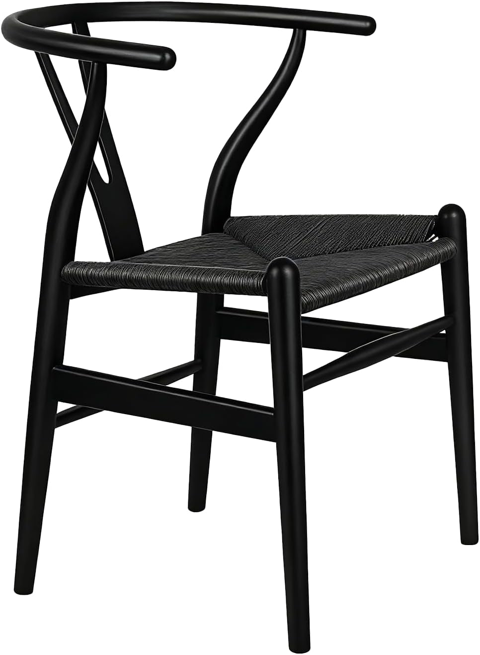 Three-quarter view of a black ash wood dining chair with curved back and woven seat.