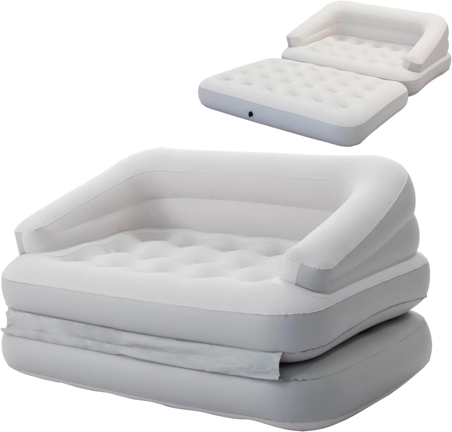 White flocked inflatable sofa bed shown folded as a sofa with detached mattress section in studio view