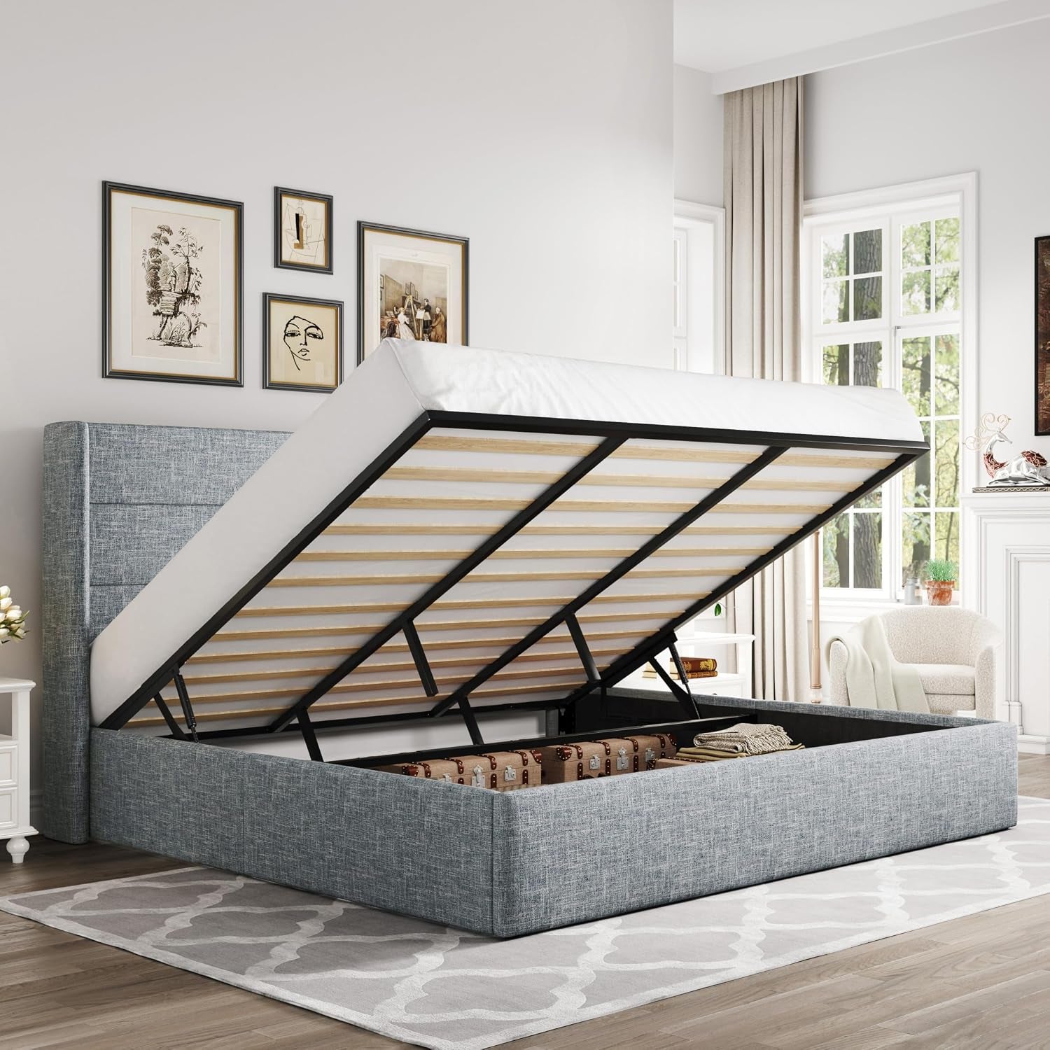 Side view of the gas-lift storage bed raised to reveal interior storage and slatted mattress support.